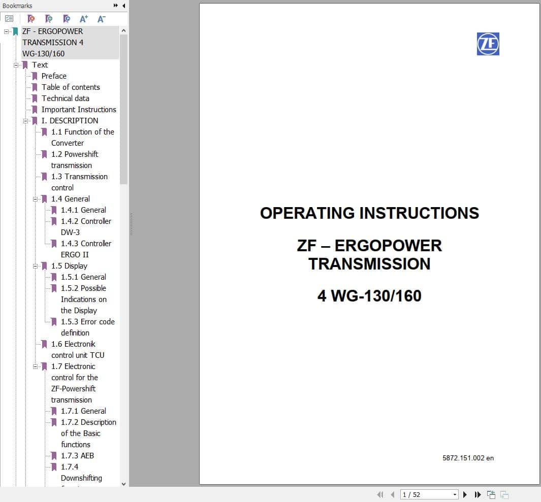 ZF Transmission 4 WG 130 4 WG 160 Operating Instructions 5872.151.002 en (1)