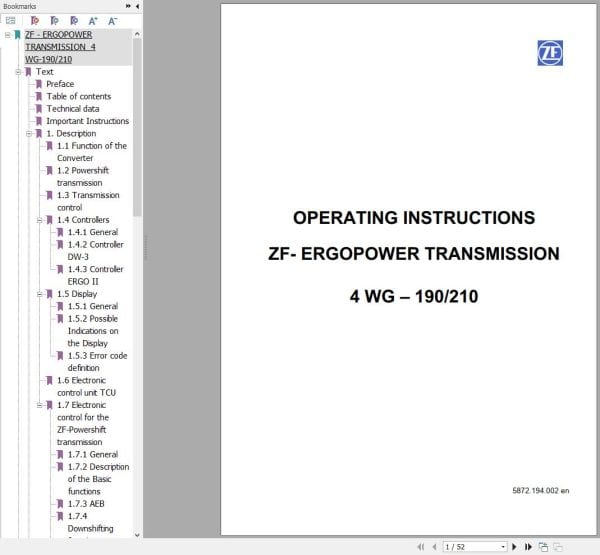 ZF Transmission 4 WG 190 4 WG 210 Operating Instructions 5872.194.002 en (1)