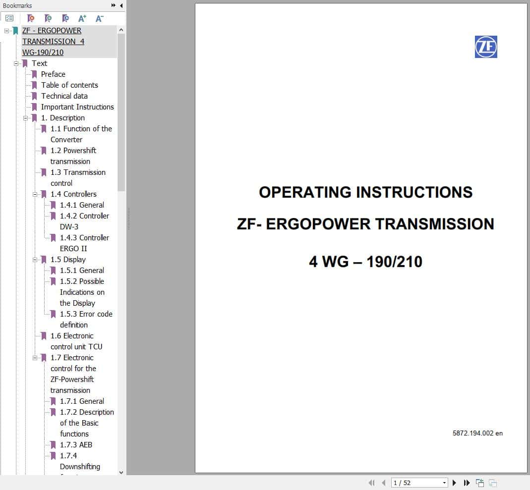 ZF Transmission 4 WG 190 4 WG 210 Operating Instructions 5872.194.002 en (1)