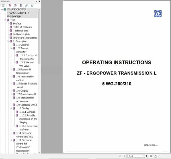 ZF Transmission 5 WG 260 5 WG 310 Operating Instructions 5872 450 002 en (1)