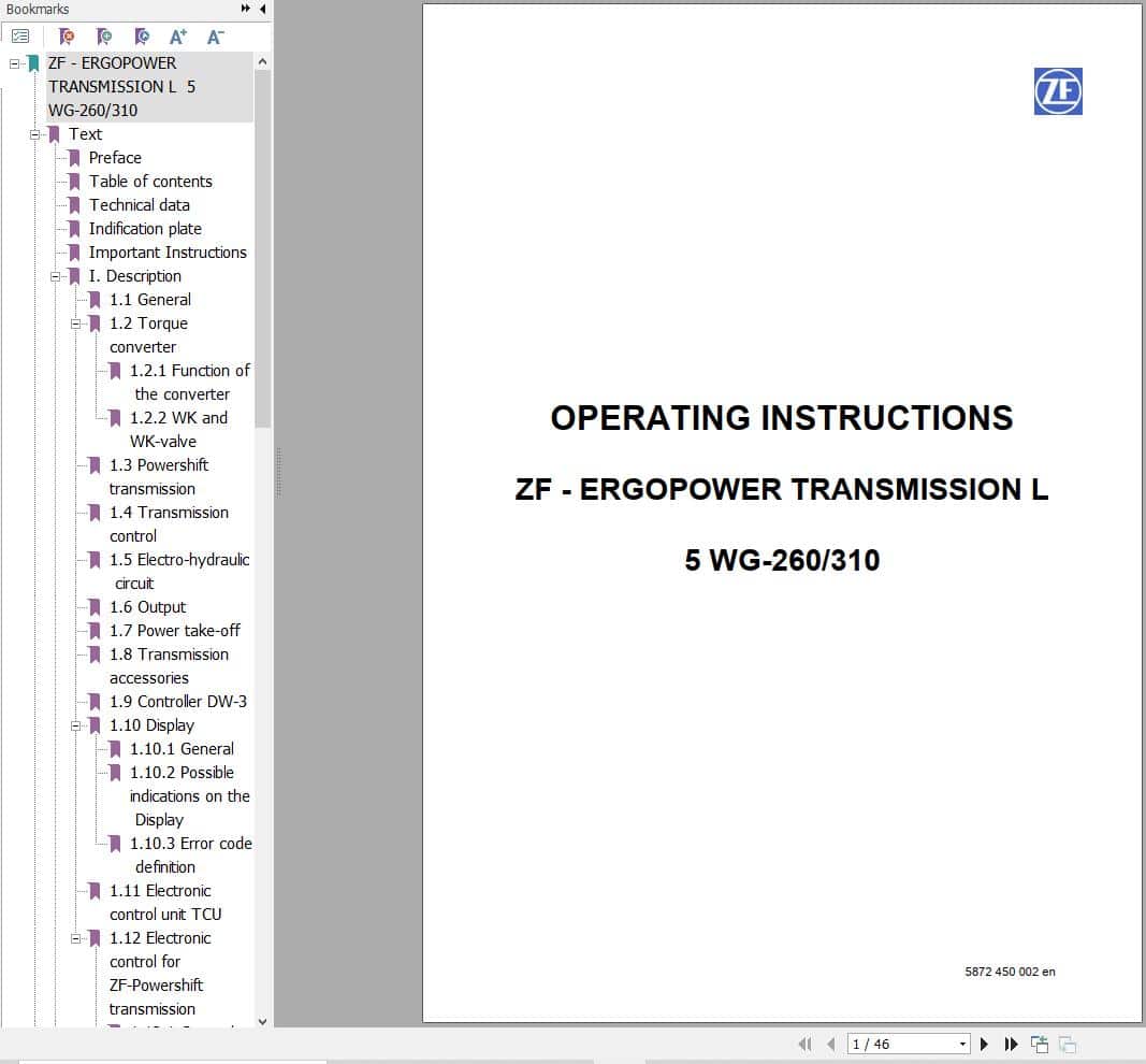 ZF Transmission 5 WG 260 5 WG 310 Operating Instructions 5872 450 002 en (1)