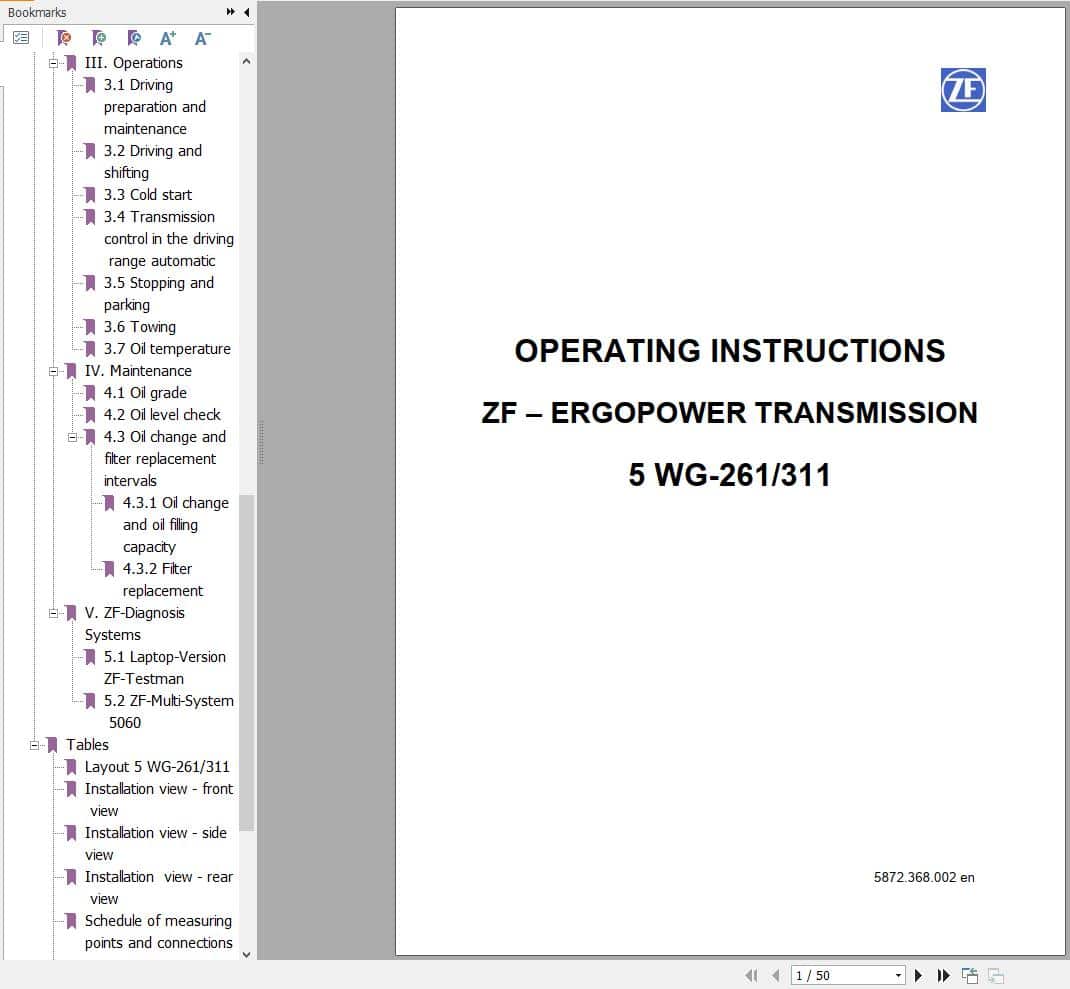 ZF Transmission 5 WG 261 5 WG 311 Operating Instructions 5872.368.002 en (1)