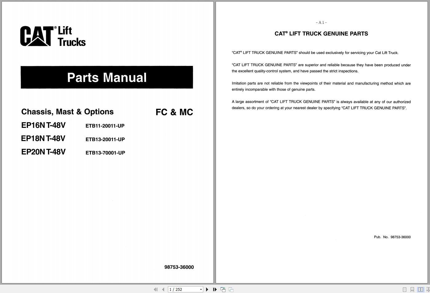 Caterpillar Forklift EP16NT EP18NT EP20NT 48V Parts Manual 98753 36000 (1)