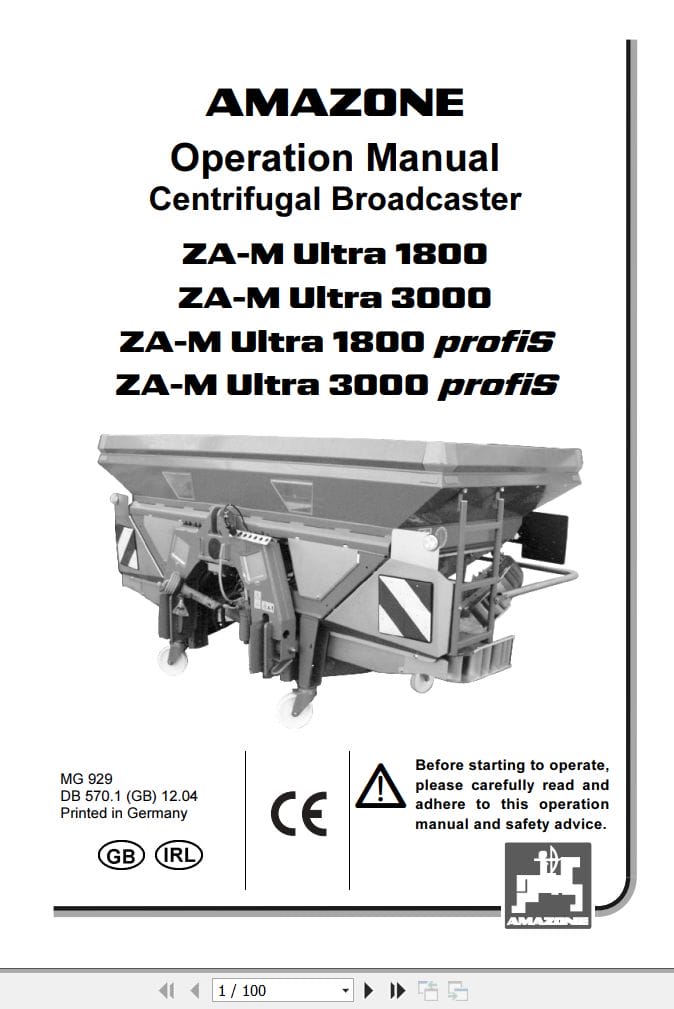 Amazone Centrifugal Broadcaster ZA M Ultra 1800 3000 profiS Operating Manual MG929 (1)
