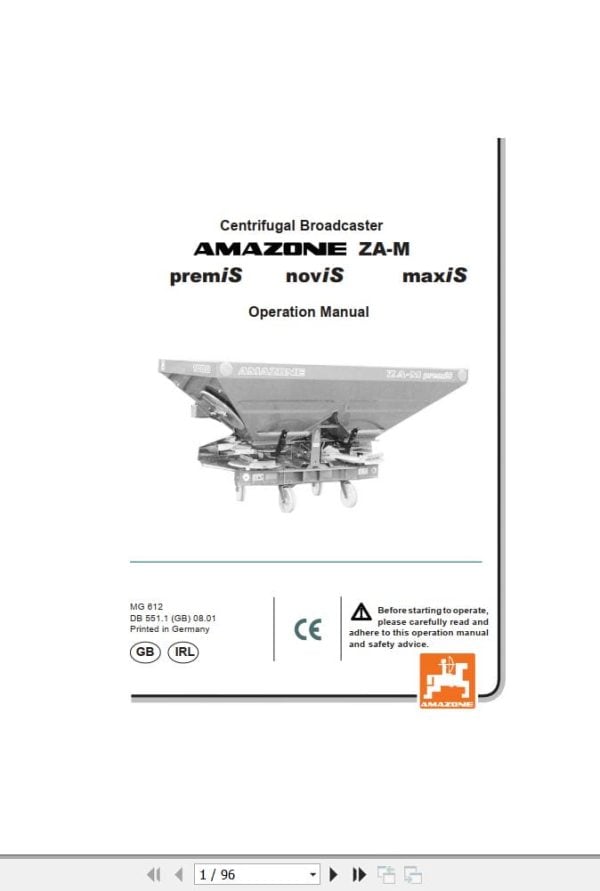 Amazone Centrifugal Broadcaster Za M Premis Novis Maxis Operating Manual Mg612 (1)