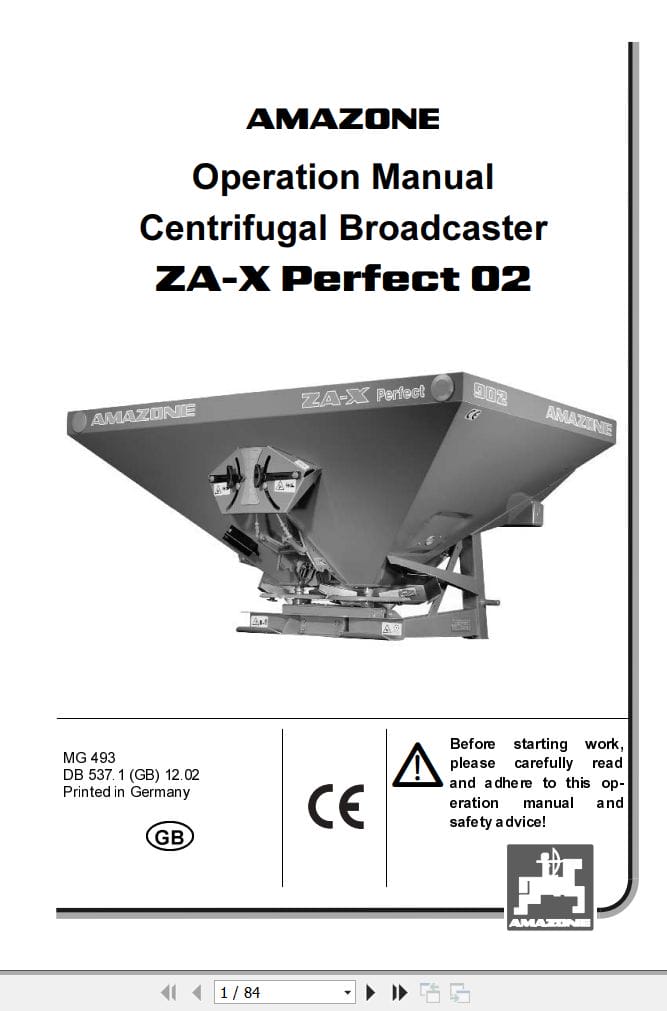 Amazone Centrifugal Broadcaster ZA X Perfect 02 Operating Manual MG493 (1)