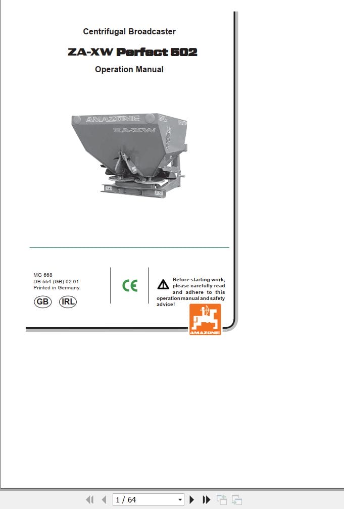 Amazone Centrifugal Broadcaster ZA XW Perfect 502 Operating Manual MG668 (1)
