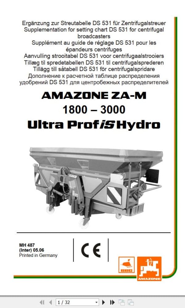 Amazone Centrifugal Broadcasters Za M 1800 3000 Ultra Profis Hydro Setting Chart Mh487 (1)