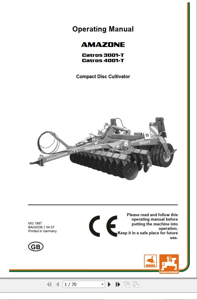 Amazone Cultivator Catros 3001 T 4001 T Operating Manual MG1987 (1)