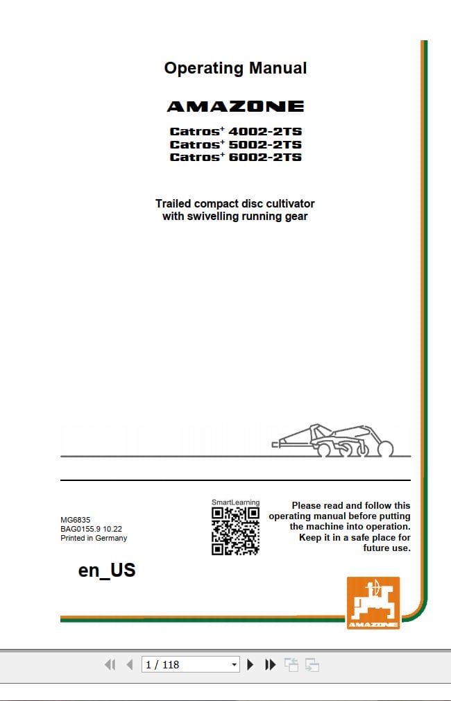 Amazone Cultivator Catros+ 4002 2TS 5002 2TS 6002 2TS Operating Manual MG6835 (1)