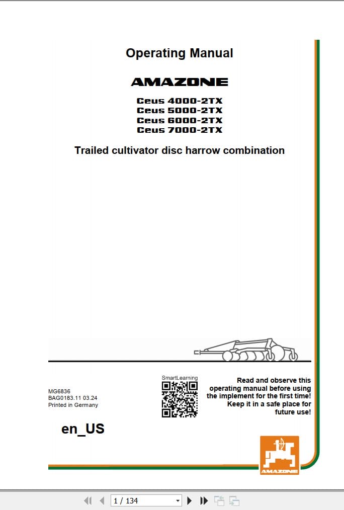 Amazone Cultivator Cenius 4000 2TX 5000 2TX 6000 2TX 7000 2TX Operating Manual MG6836US (1)