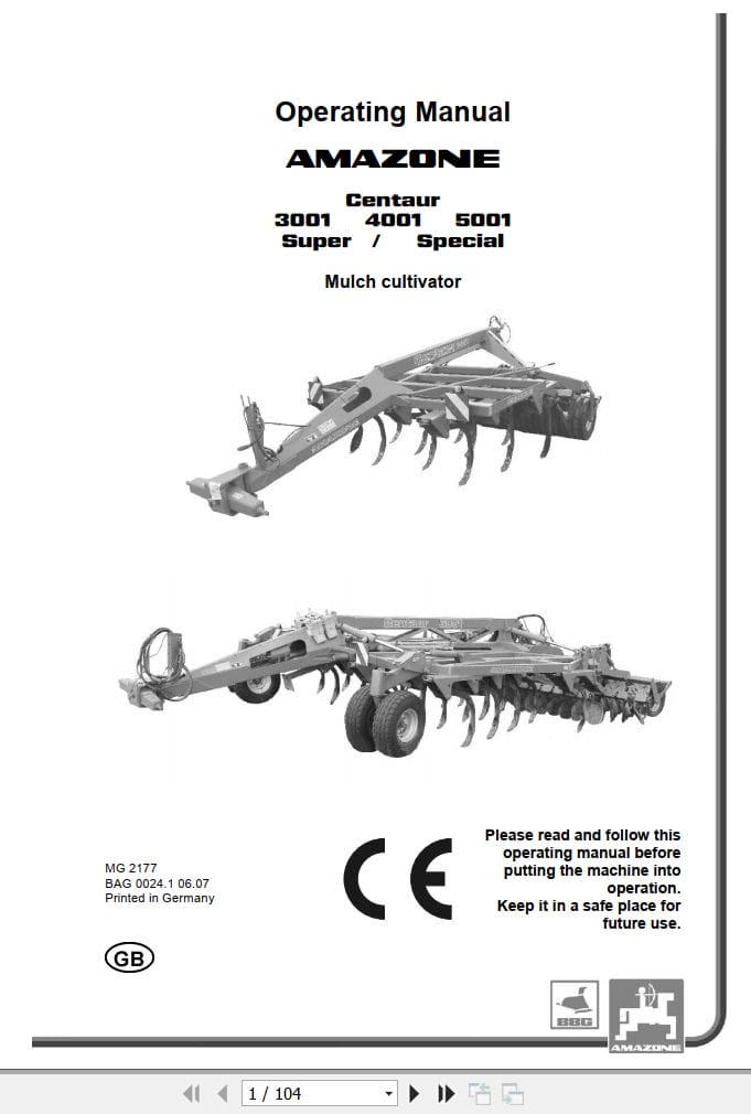 Amazone Cultivator Centaur 3001 4001 5001 Operating Manual MG2177 (1)
