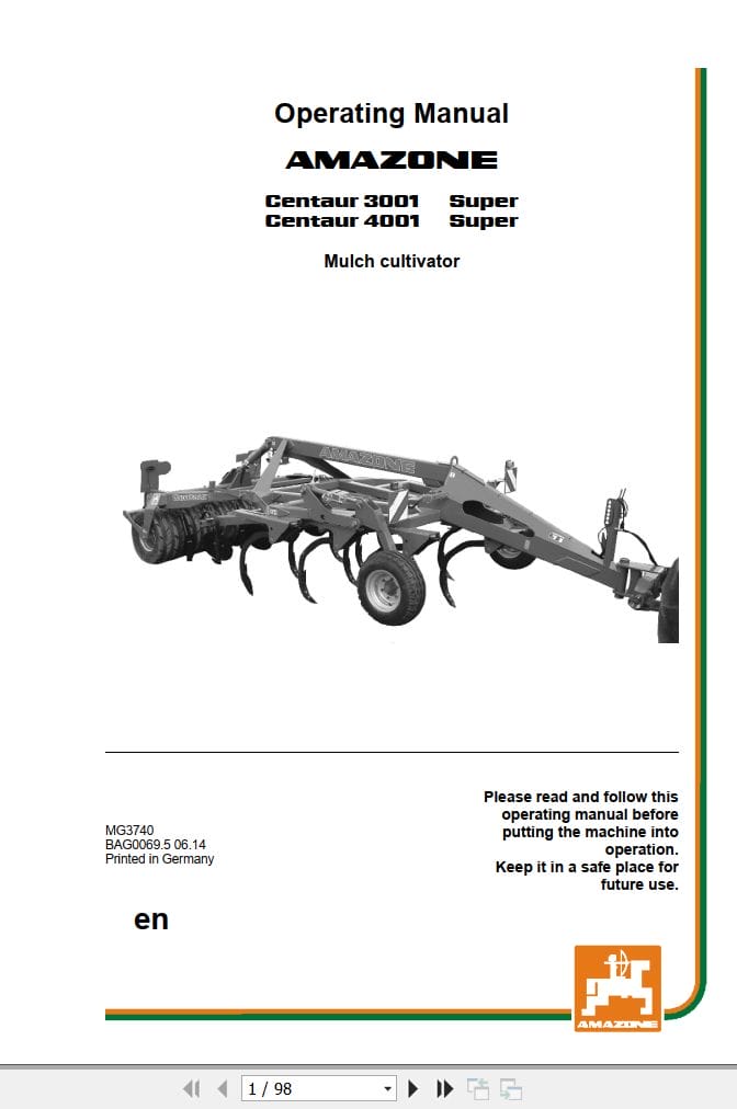Amazone Cultivator Centaur 3001 4001 Super Operating Manual MG3740 (1)