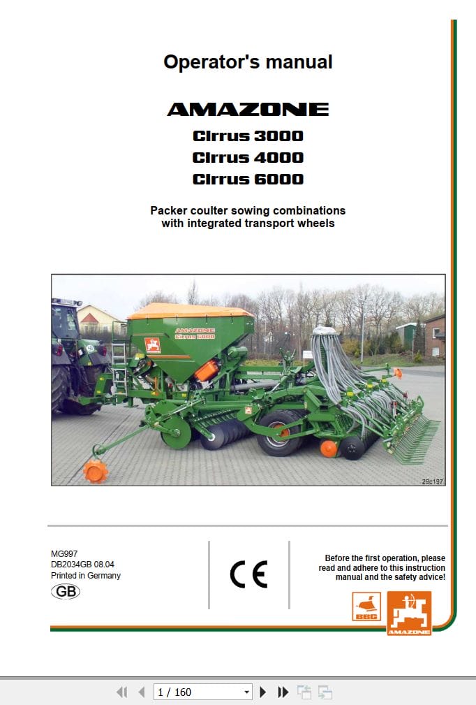 Amazone Cultivator Drill Cirrus 3000 4000 6000 Operating Manual MG997 (1)