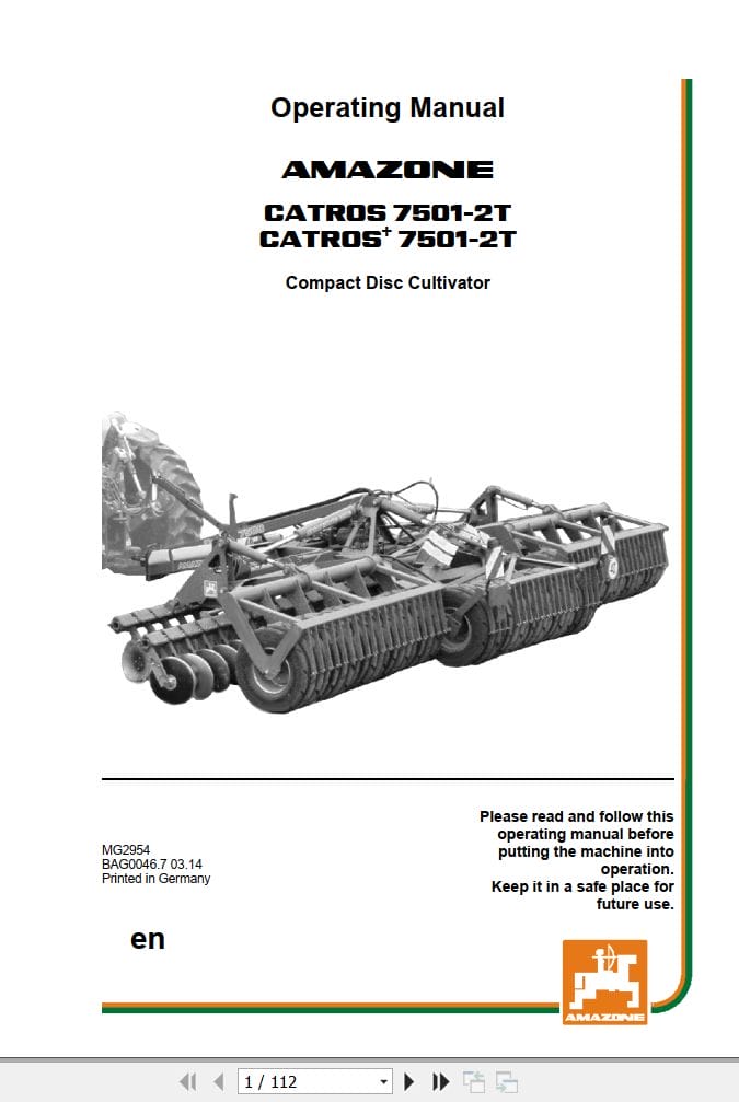 Amazone Disc Cultivator CATROS 7501 2T CATROS+ 7501 2T Operating Manual MG2954 (1)