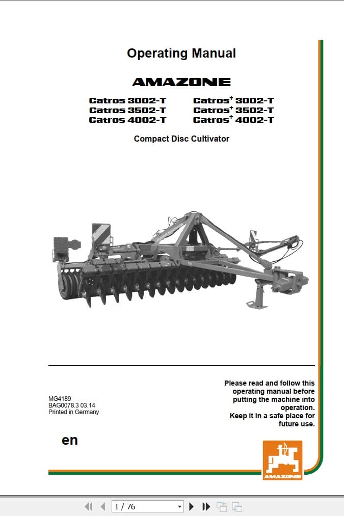 Amazone Disc Cultivator Catros 3002 T 4002 T Operating Manual MG4189 (1)