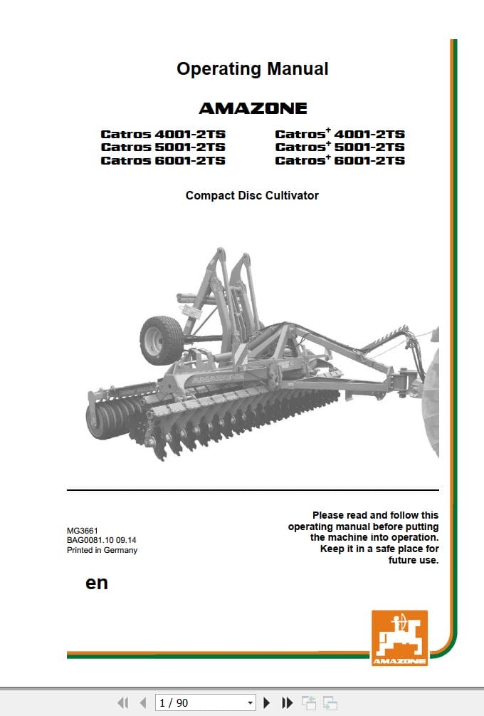 Amazone Disc Cultivator Catros 4001 2TS 6001 2TS Operating Manual MG3661 (1)