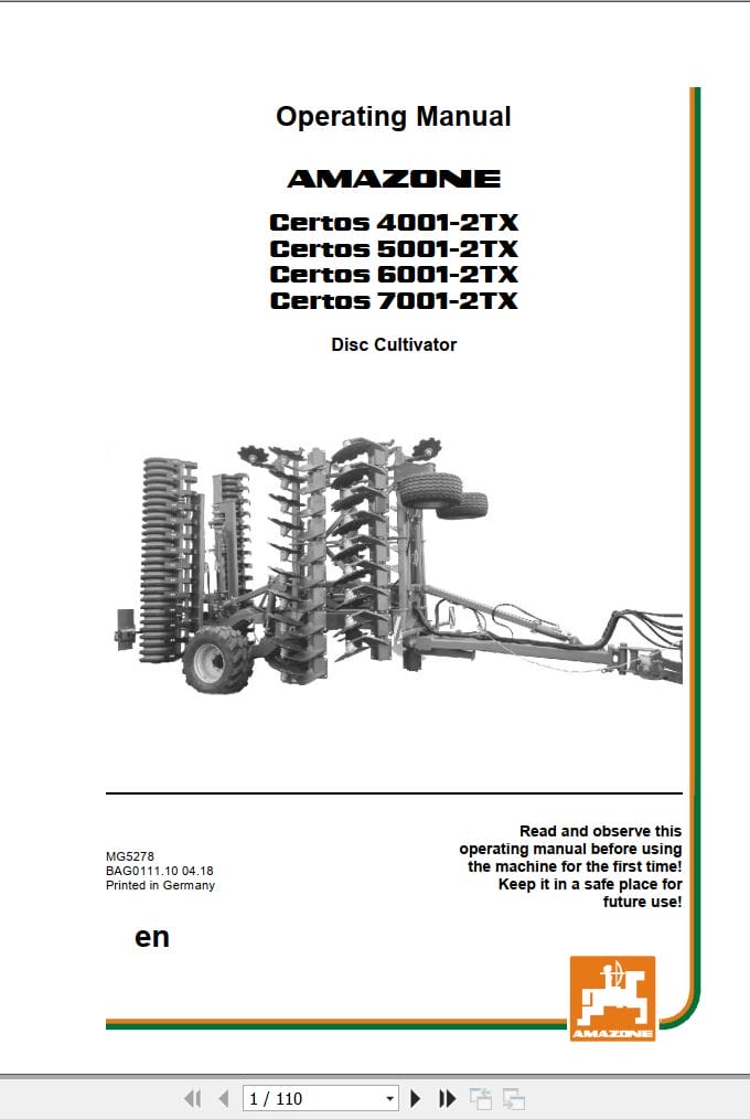 Amazone Disc Cultivator Certos 4001 2TX 5001 2TX 6001 2TX 7001 2TX Operating Manual MG5278 (1)