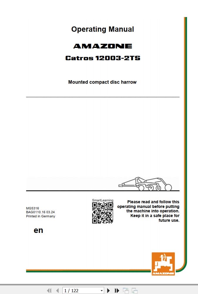 Amazone Disc Harrow Catros 12003 2TS Operating Manual MG5316 (1)