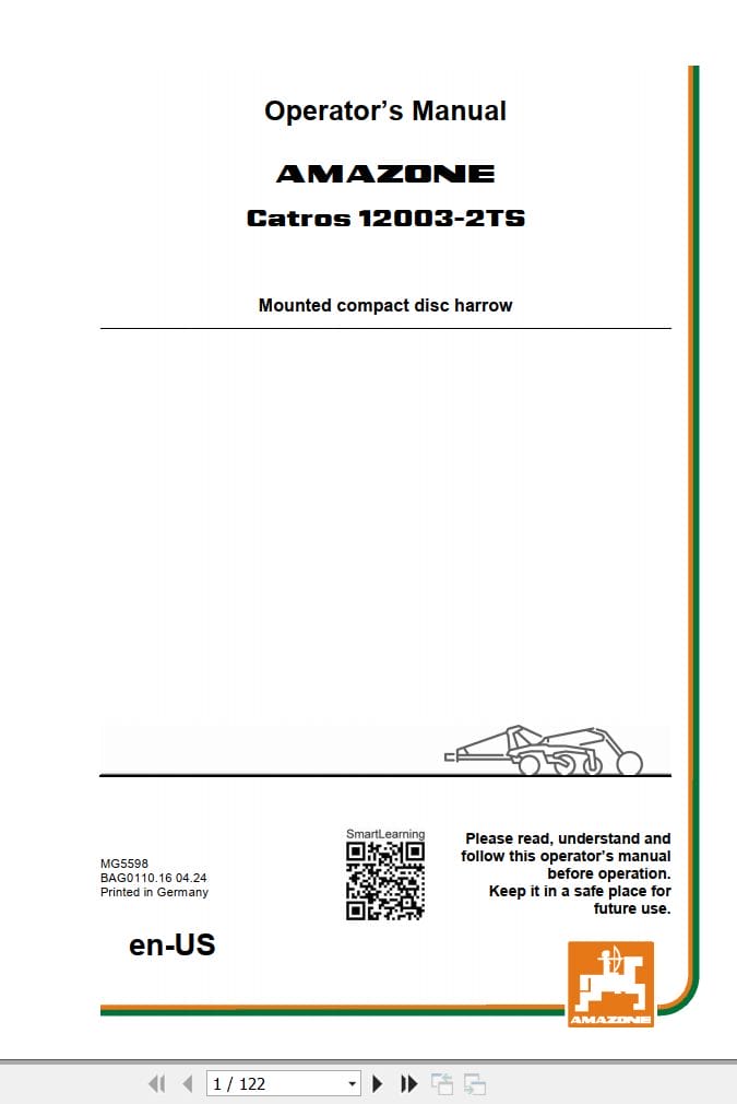 Amazone Disc Harrow Catros 12003 2TS Operating Manual MG5598US (1)