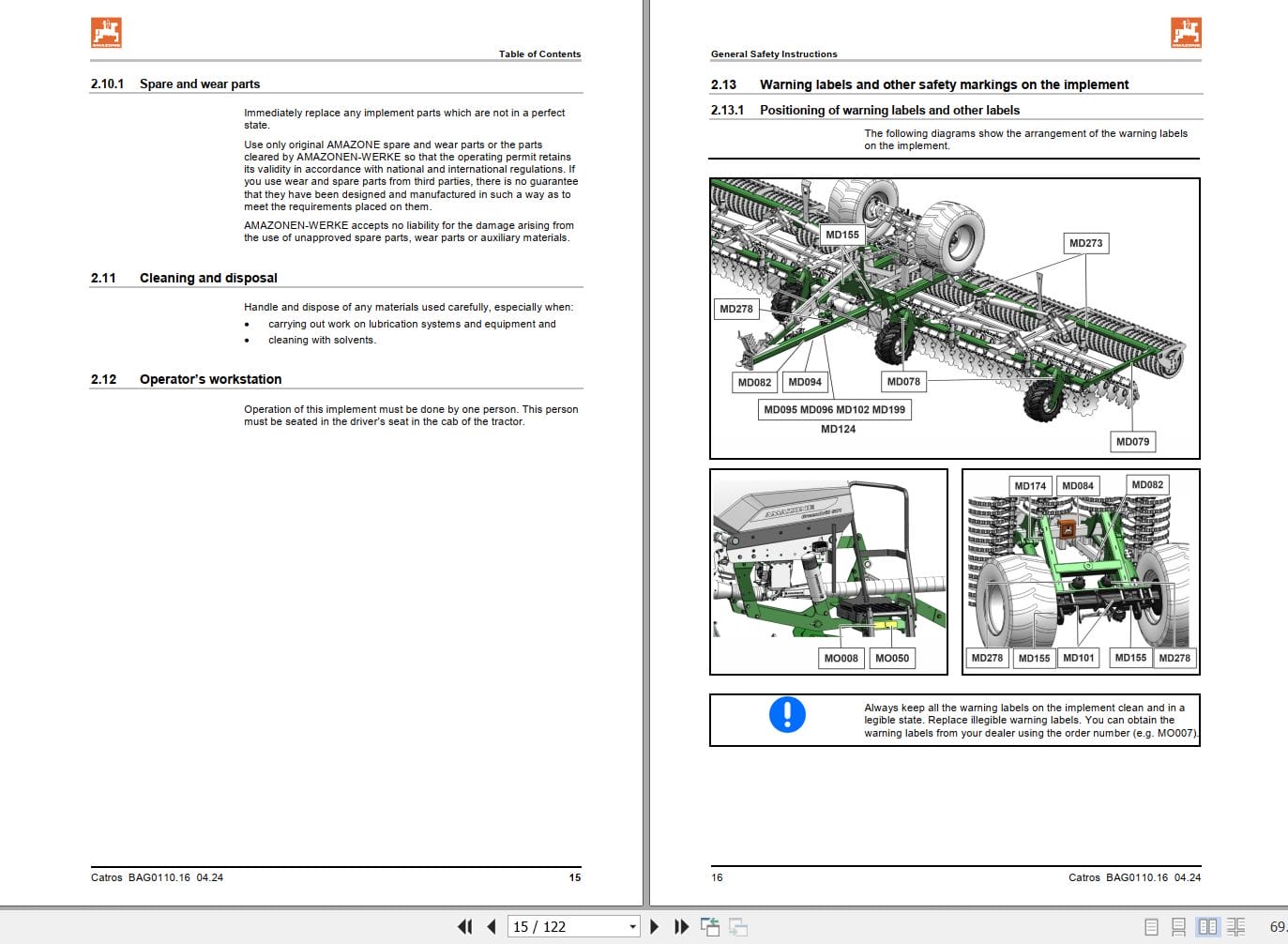 Amazone Disc Harrow Catros 12003 2TS Operating Manual MG5598US (2)