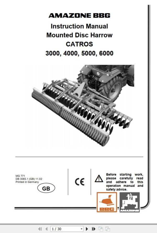 Amazone Disc Harrow Catros 3000 4000 5000 6000 Instructions Manual MG771 (1) Amazone Disc Harrow Catros 3000 4000 5000 6000 Instructions Manual Mg771 (1)