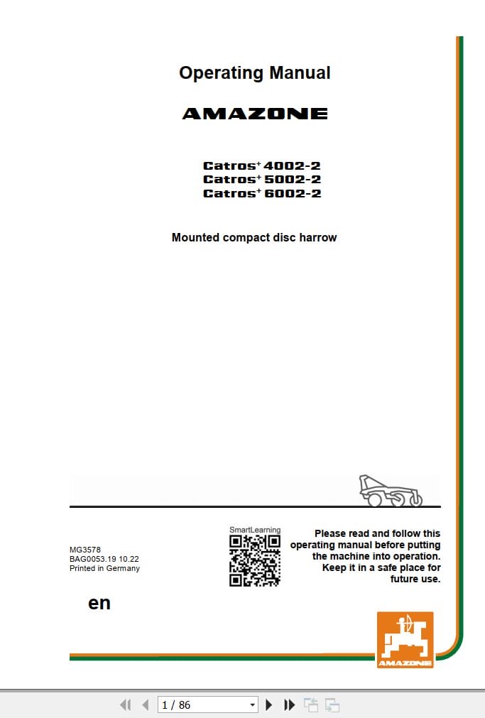 Amazone Disc Harrow Catros+ 4002 2 5002 2 6000 2 Operating Manual MG3578 (1)