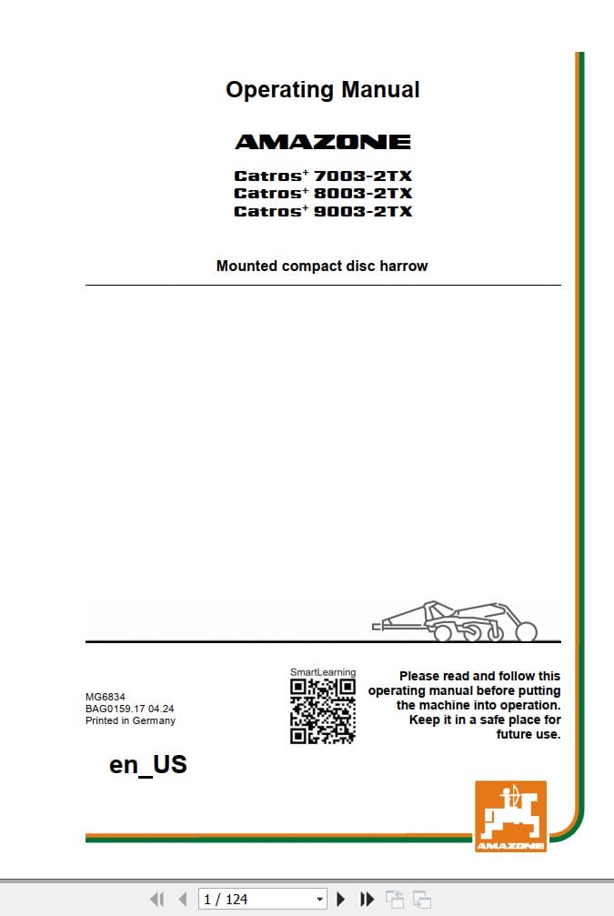 Amazone Disc Harrow Catros+ 7003 2TX 8003 2TX 9003 2TX Operating Manual MG6834US (1)