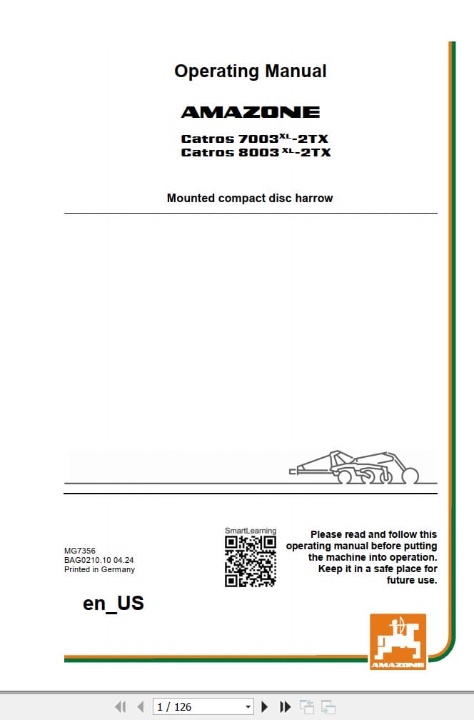 Amazone Disc Harrow Catros 7003xl 2TX 8003xl 2TX Operating Manual MG7356US (1)