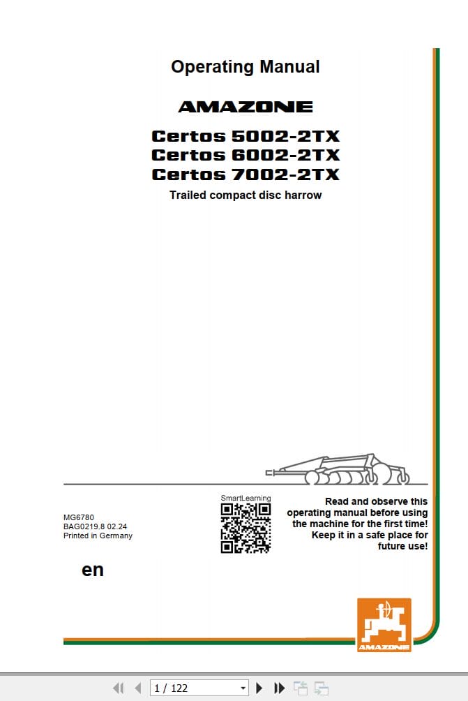 Amazone Disc Harrow Certes 5002 2TX to 7002 2TX Operating Manual MG6780 (1)