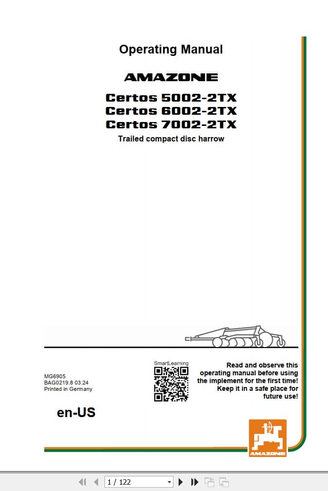 Amazone Disc Harrow Certos 5002 2TX 6002 2TX 7002 2TX Operating Manual MG6905 (1)