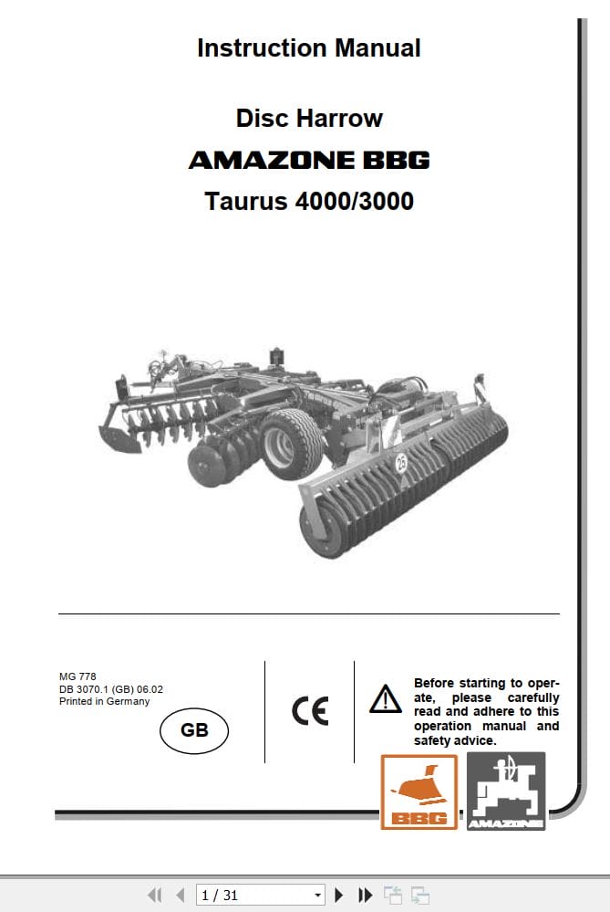 Amazone Disc Harrow Taurus 4000 3000 Operating Manual MG778 (1)