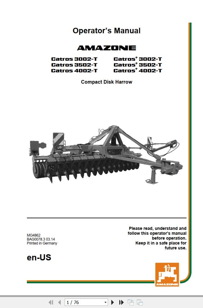 Amazone Disk Harrow Catros 3002 T 4002 T Operating Manual MG4862US (1)