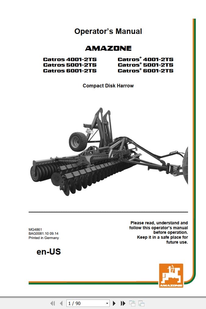Amazone Disk Harrow Catros 4001 2TS 6001 2TS Operating Manual MG4861 (1)