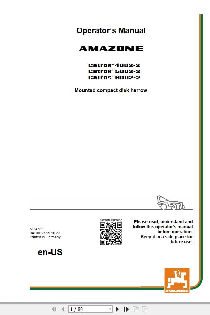 Amazone Disk Harrow Catros+ 4002 2 5002 2 6002 2 Operating Manual MG4780US (1)