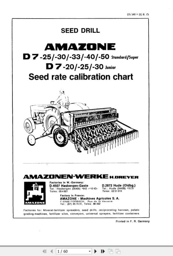 Amazone Drills D7 Series Seed Rate Calibration Chart Ds540 (1)