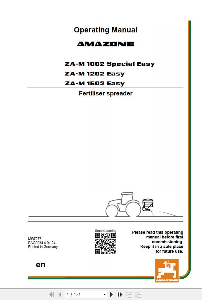 Amazone Fertiliser Spreader ZA M1002 1202 1502 Easy Special Easy Operating Manual MG7277 (1)