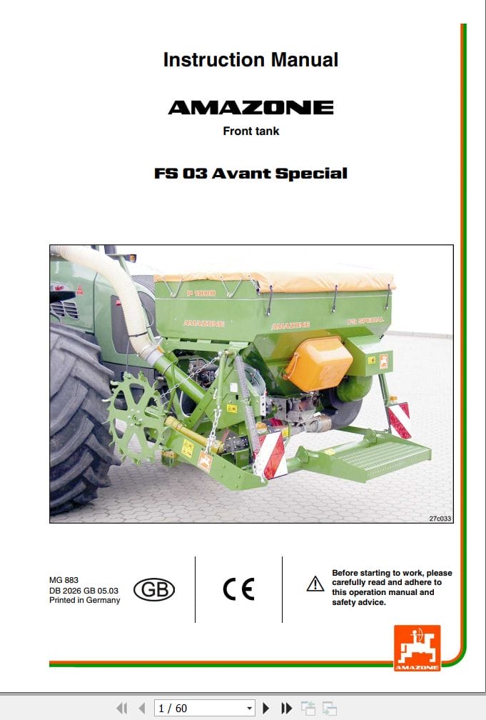 Amazone Front tank FS 03 Avant Special Instruction Manual MG883 (1)