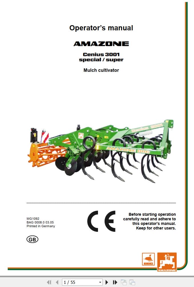 Amazone Mulch Cultivator Cenius 3001 Super Special Operating Manual MG1092 (1)