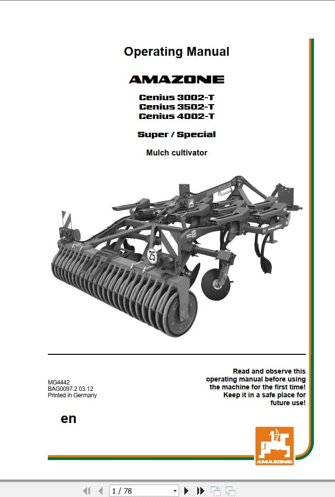 Amazone Mulch Cultivator Cenius 3002 T to 4002 T Super Special Operating Manual MG4442 (1)