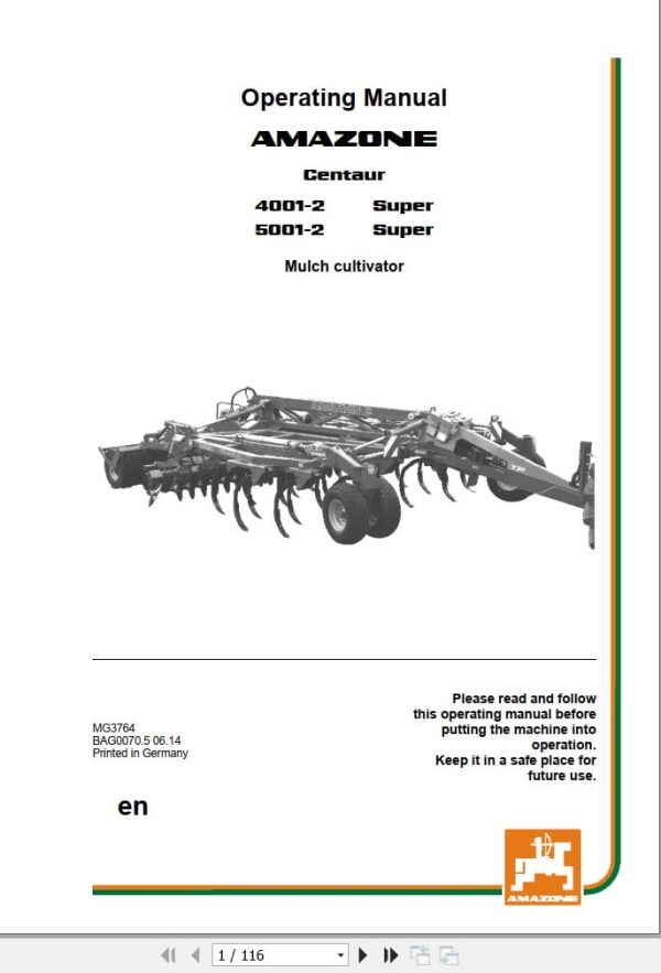 Amazone Mulch Cultivator Centaur 4001 2 5001 2 Super Operating Manual And Diagram Mg3764 (1)