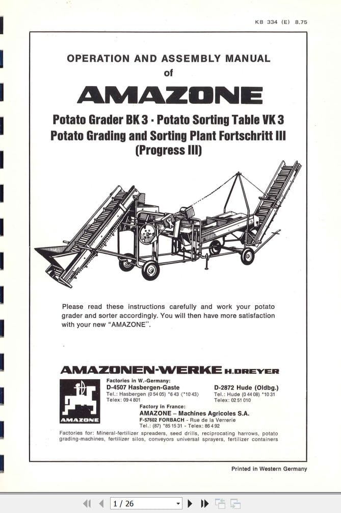 Amazone Potato Grader BK3 Vk3 Progress III Operating And Assembly Manual KB334 (1)