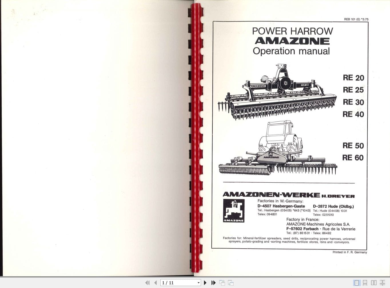 Amazone Power Harrow RE20 RE25 RE30 RE40 RE50 RE60 Operating Manual REB101 (1)