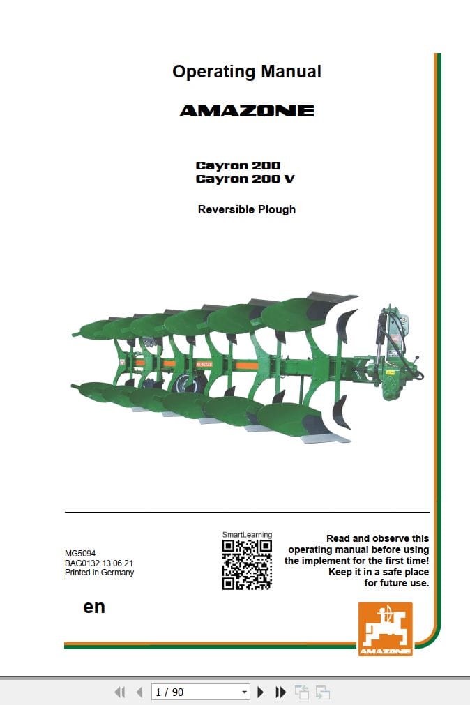 Amazone Reversible Plough Cayron 200 200V Operating Manual MG5094 (1)