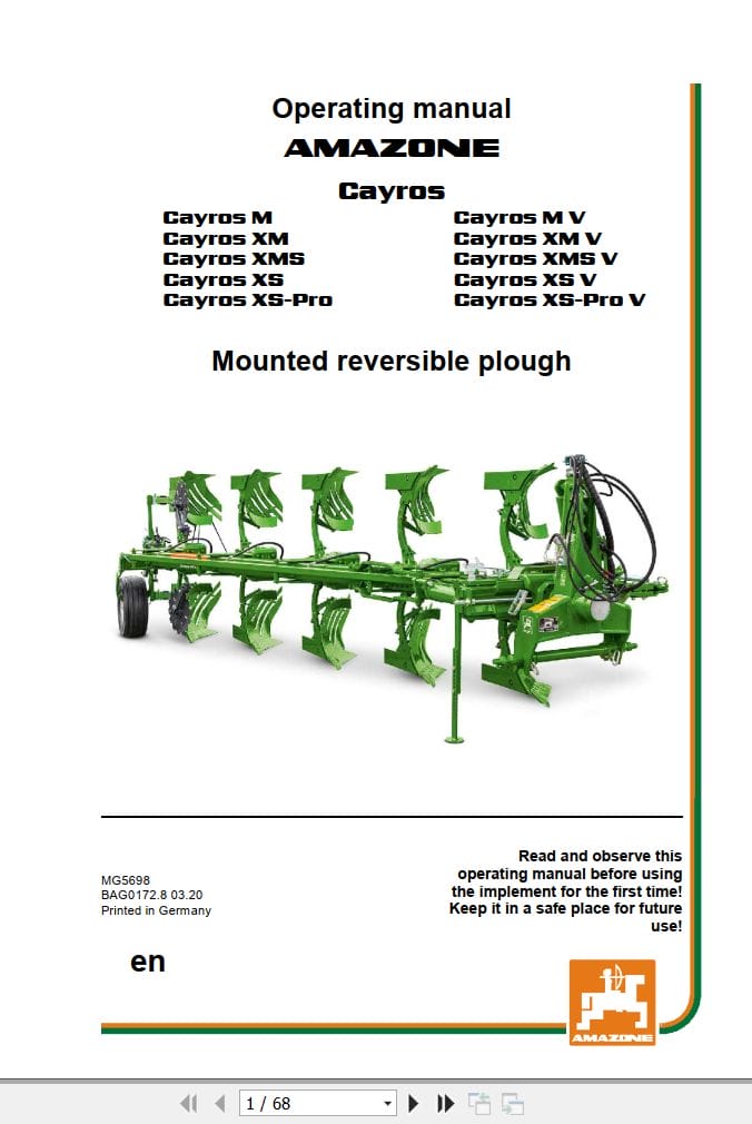 Amazone Reversible Plough Cayros XMS V Operating Manual MG5698 2020 (1)