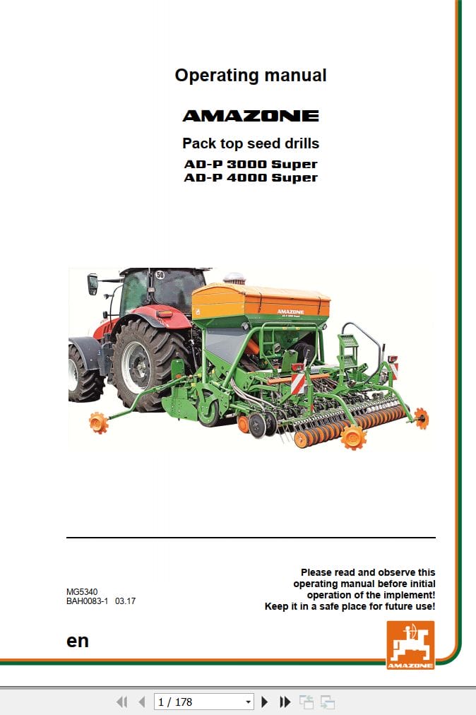 Amazone Seed Drill AD P3000 AD P4000 Super Operating Manual And Diagram MG5340 (1)