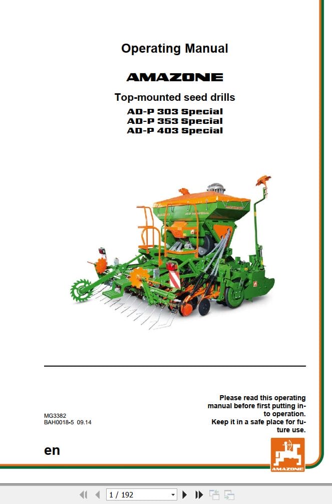 Amazone Seed Drill AD P303 AD P353 AD P403 Special Operating Manual MG3382 (1)