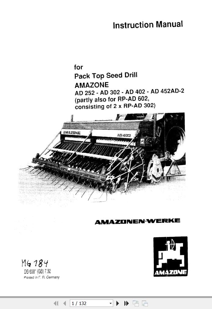 Amazone Seed Drill AD252 AD302 AD402 AD452 Instructions Manual MG184 (1)