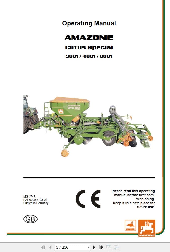 Amazone Seed Drill Cirrus 3001 4001 6001 Operating Manual MG1747 (1)
