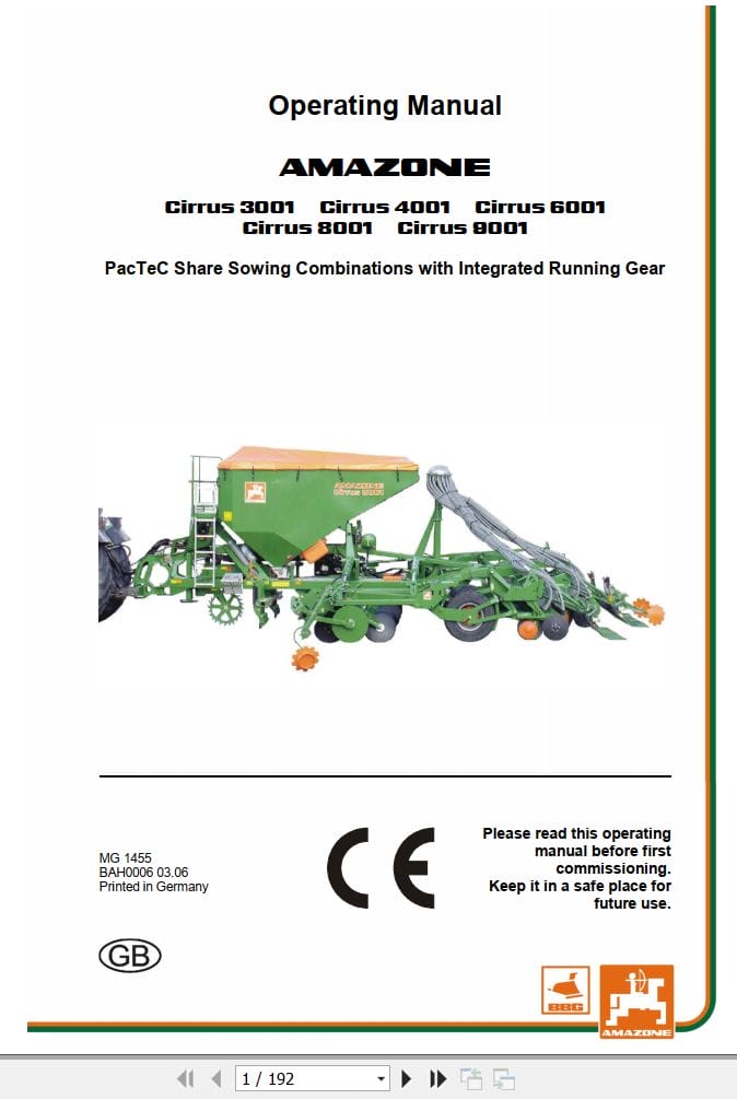 Amazone Seed Drill Cirrus 3001 9001 Operating Manual MG1455 (1)